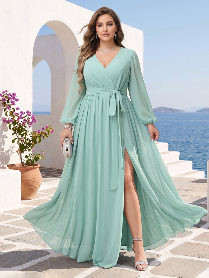 A-Line/Princess V-Neck Long Sleeves Chiffon Plus Size Bridesmaid Dresses with Pockets