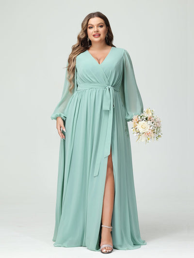 A-Line/Princess V-Neck Long Sleeves Chiffon Plus Size Bridesmaid Dress ...