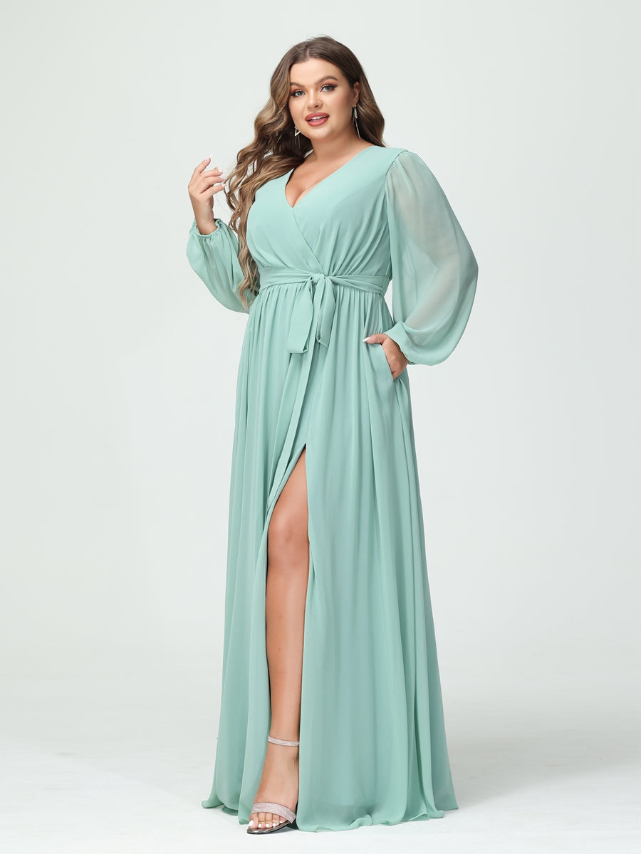 A-Line/Princess V-Neck Long Sleeves Chiffon Plus Size Bridesmaid Dresses with Pockets