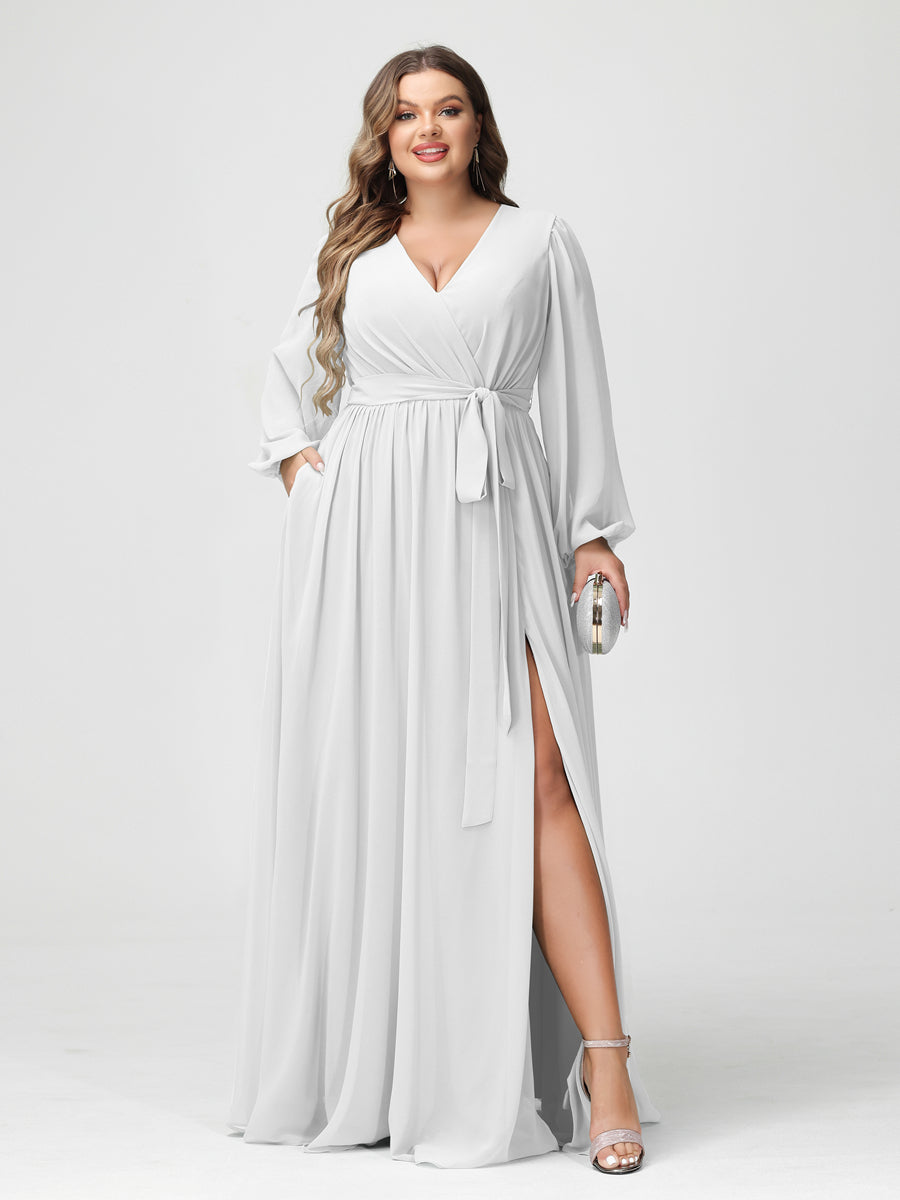 A-Line/Princess V-Neck Long Sleeves Chiffon Plus Size Bridesmaid Dresses with Pockets
