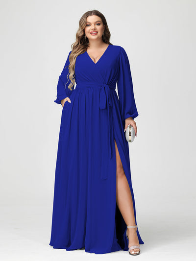 A-Line/Princess V-Neck Long Sleeves Chiffon Plus Size Bridesmaid Dresses with Pockets