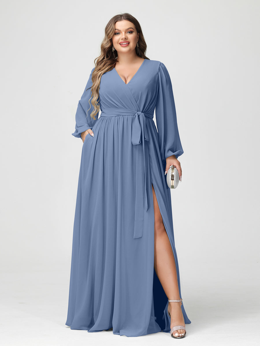 A-Line/Princess V-Neck Long Sleeves Chiffon Plus Size Bridesmaid Dress ...