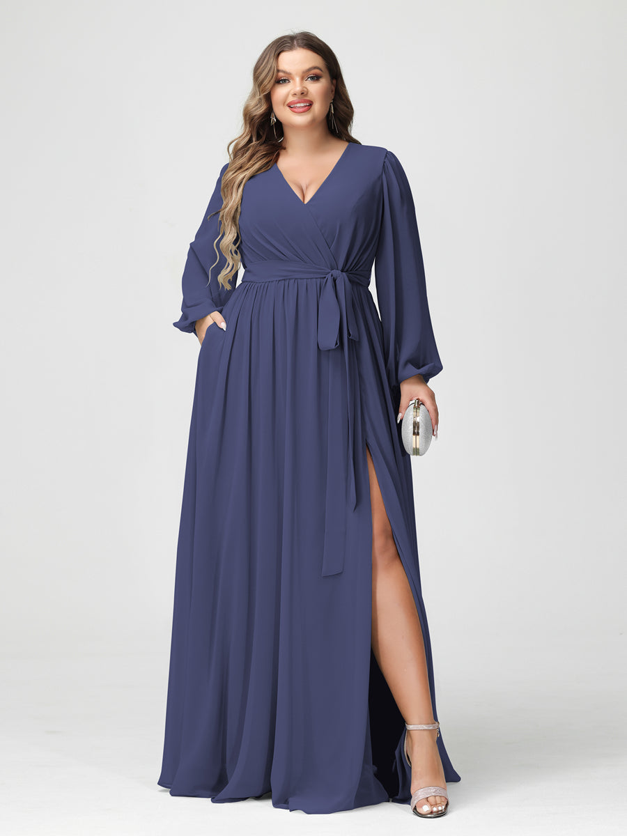 A-Line/Princess V-Neck Long Sleeves Chiffon Plus Size Bridesmaid Dress ...