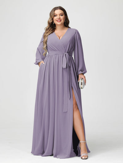 A-Line/Princess V-Neck Long Sleeves Chiffon Plus Size Bridesmaid Dresses with Pockets