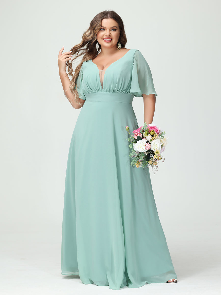 A-Line/Princess V-Neck Half Sleeves Chiffon Plus Size Bridesmaid Dress – Lavetir