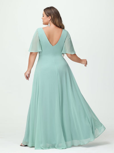 A-Line/Princess V-Neck Half Sleeves Chiffon Plus Size Bridesmaid Dresses with Pockets