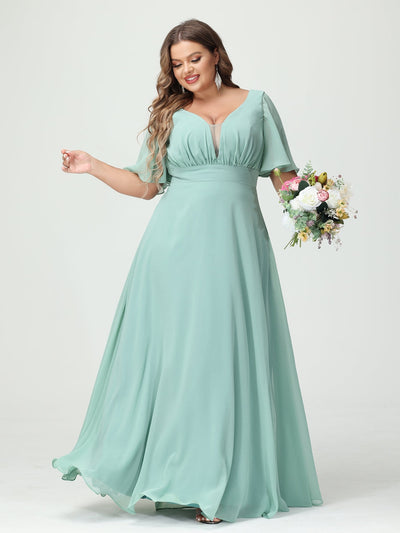 A-Line/Princess V-Neck Half Sleeves Chiffon Plus Size Bridesmaid Dresses with Pockets