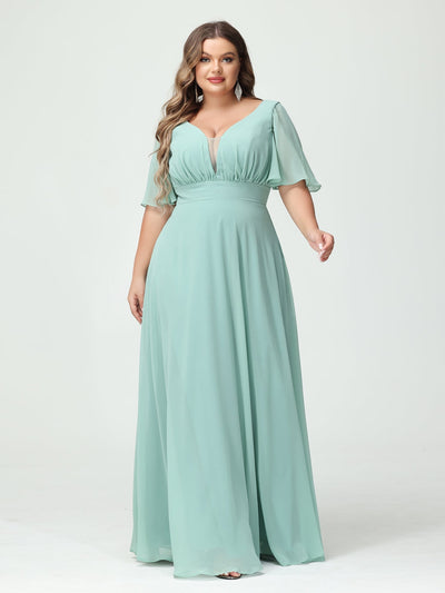 A-Line/Princess V-Neck Half Sleeves Chiffon Plus Size Bridesmaid Dresses with Pockets