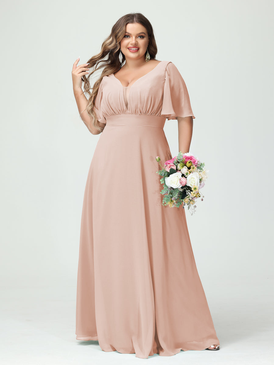 A-Line/Princess V-Neck Half Sleeves Plus Size Bridesmaid Dress