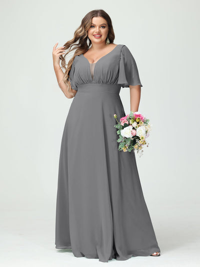 A-Line/Princess V-Neck Half Sleeves Chiffon Plus Size Bridesmaid Dresses with Pockets