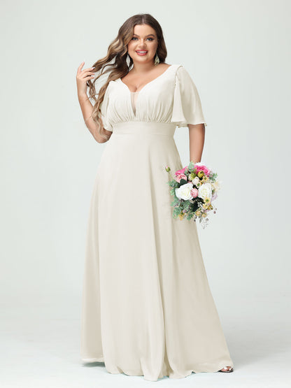 A-Line/Princess V-Neck Half Sleeves Chiffon Plus Size Bridesmaid
