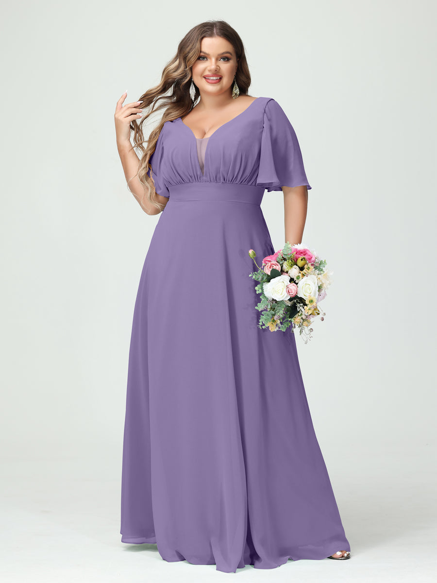 A-Line/Princess V-Neck Half Sleeves Chiffon Plus Size Bridesmaid Dresses with Pockets