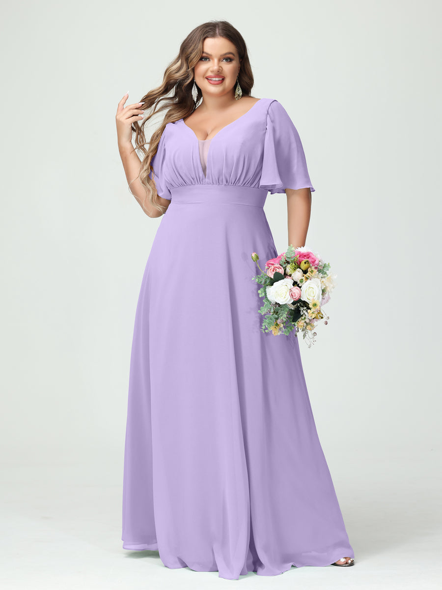 A-Line/Princess V-Neck Half Sleeves Chiffon Plus Size Bridesmaid Dress – Lavetir