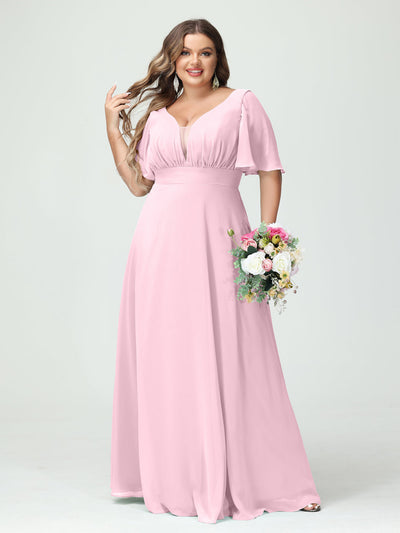 A-Line/Princess V-Neck Half Sleeves Chiffon Plus Size Bridesmaid Dresses with Pockets