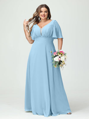 blue plus size bridesmaid dresses EVERPRETTY Plus Size Elegant Chiffon V-Neck Pleated Front Navy Blue Bridesmaid Dress, Soft High-Low Ruffle Hem Suitable For Wedding, Formal Evening Events
