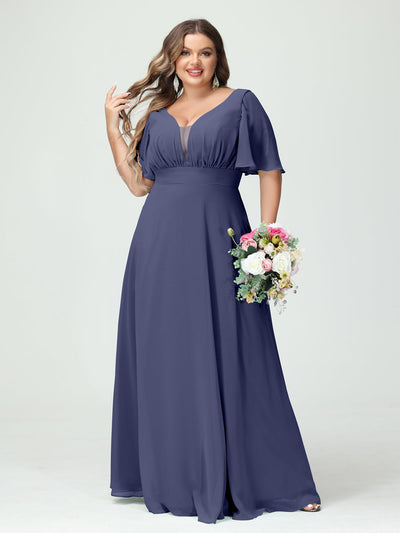 A-Line/Princess V-Neck Half Sleeves Chiffon Plus Size Bridesmaid Dresses with Pockets