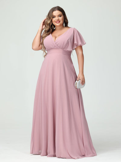 A-Line/Princess V-Neck Short Sleeves Chiffon Plus Size Bridesmaid Dresses with Pockets