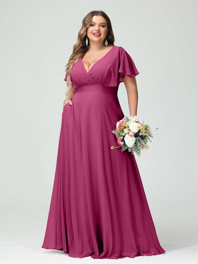 A-Line/Princess V-Neck Short Sleeves Chiffon Plus Size Bridesmaid Dresses with Pockets