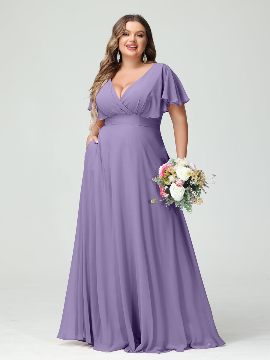 A-Line/Princess V-Neck Short Sleeves Chiffon Plus Size Bridesmaid Dresses with Pockets