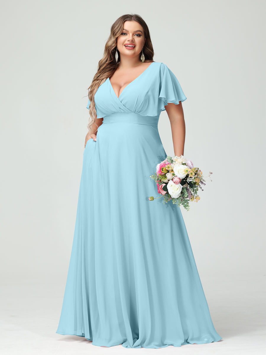 A-Line/Princess V-Neck Short Sleeves Chiffon Plus Size Bridesmaid Dresses with Pockets