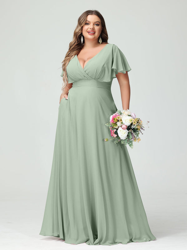 A-Line/Princess V-Neck Short Sleeves Chiffon Plus Size Bridesmaid Dresses with Pockets