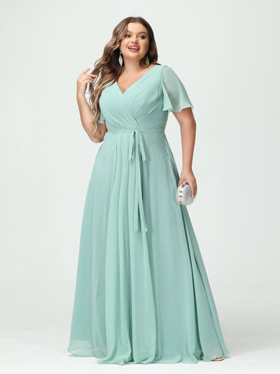 A-Line/Princess V-Neck Short Sleeves Chiffon Split Side Plus Size Bridesmaid Dresses with Pockets Belt