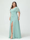 A-Line/Princess V-Neck Short Sleeves Chiffon Split Side Plus Size Bridesmaid Dresses with Pockets Belt