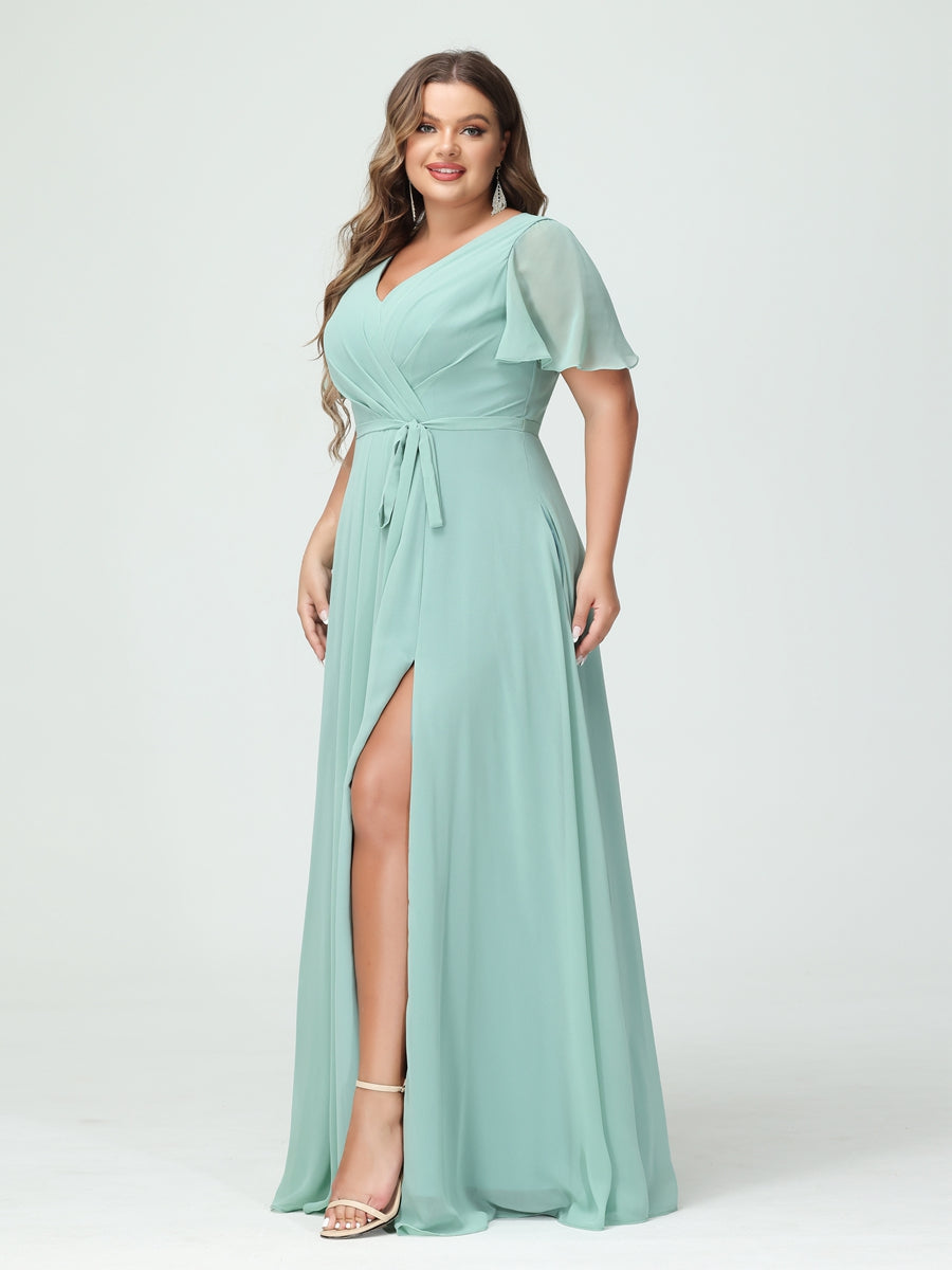 A-Line/Princess V-Neck Short Sleeves Chiffon Split Side Plus Size Bridesmaid Dresses with Pockets Belt