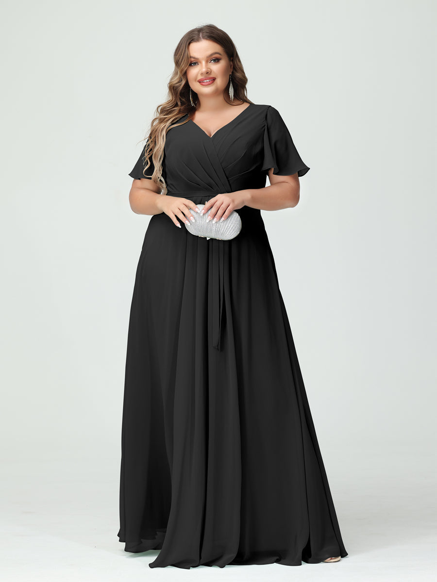 A-Line/Princess V-Neck Short Sleeves Floor-Length Plus Size Bridesmaid Dresses with Split Side
