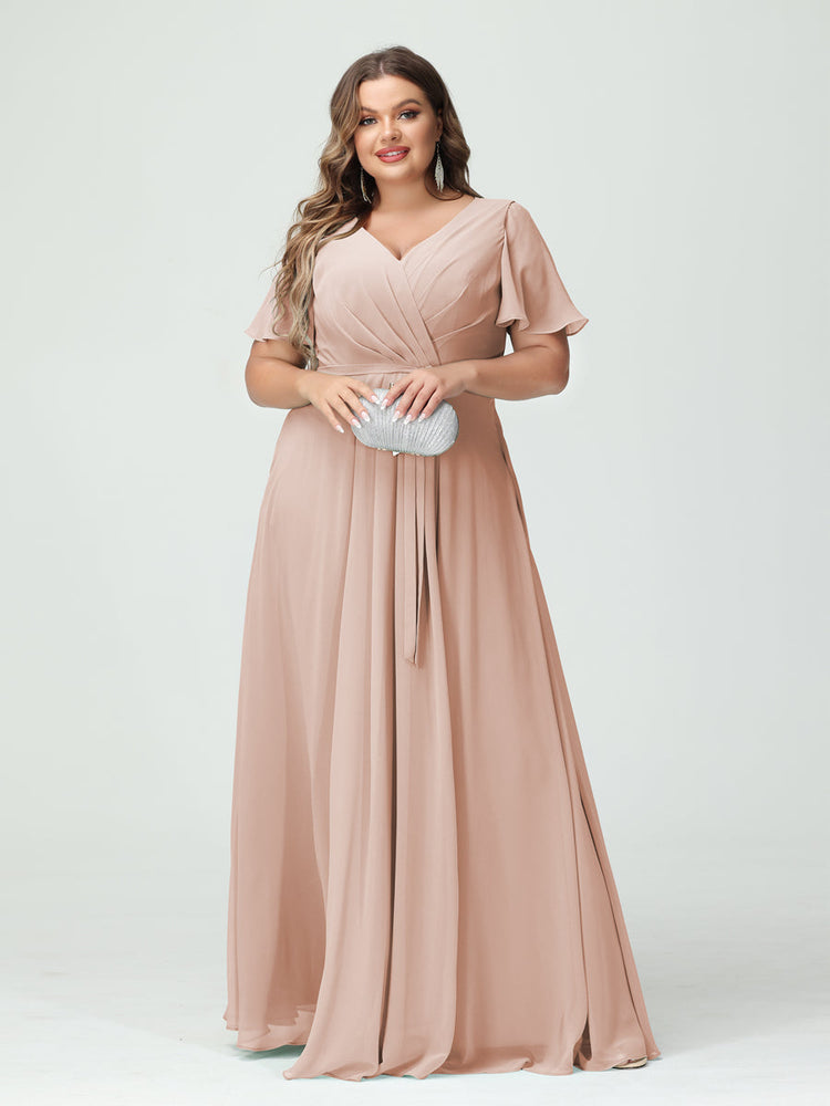 A-Line/Princess V-Neck Asymmetrical Chiffon Plus Size Bridesmaid Dresses with Pleated main image 1