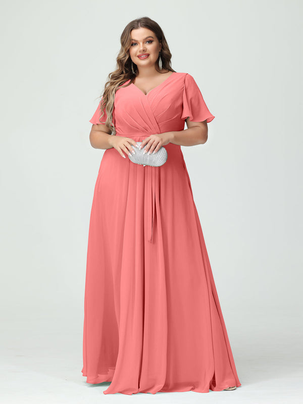 A-Line/Princess V-Neck Short Sleeves Chiffon Split Side Plus Size Bridesmaid Dresses with Pockets Belt