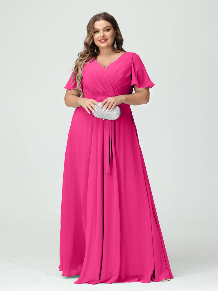 A Line/Princess Deep V-Neck Half Sleeves Floor-Length Plus Size Bridesmaid Dresses with Ruffles main image 1