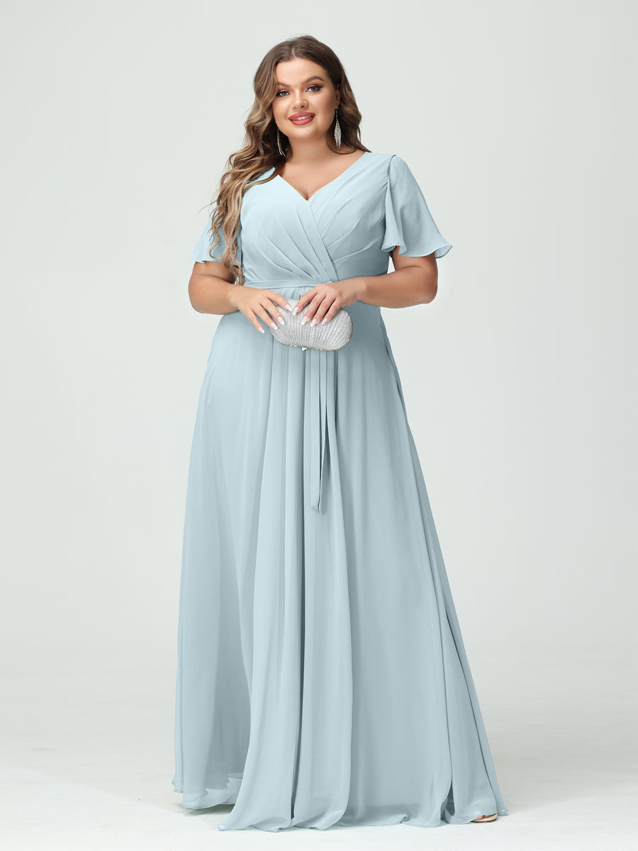 A-Line/Princess V-Neck Short Sleeves Chiffon Split Side Plus Size Bridesmaid Dresses with Pockets Belt