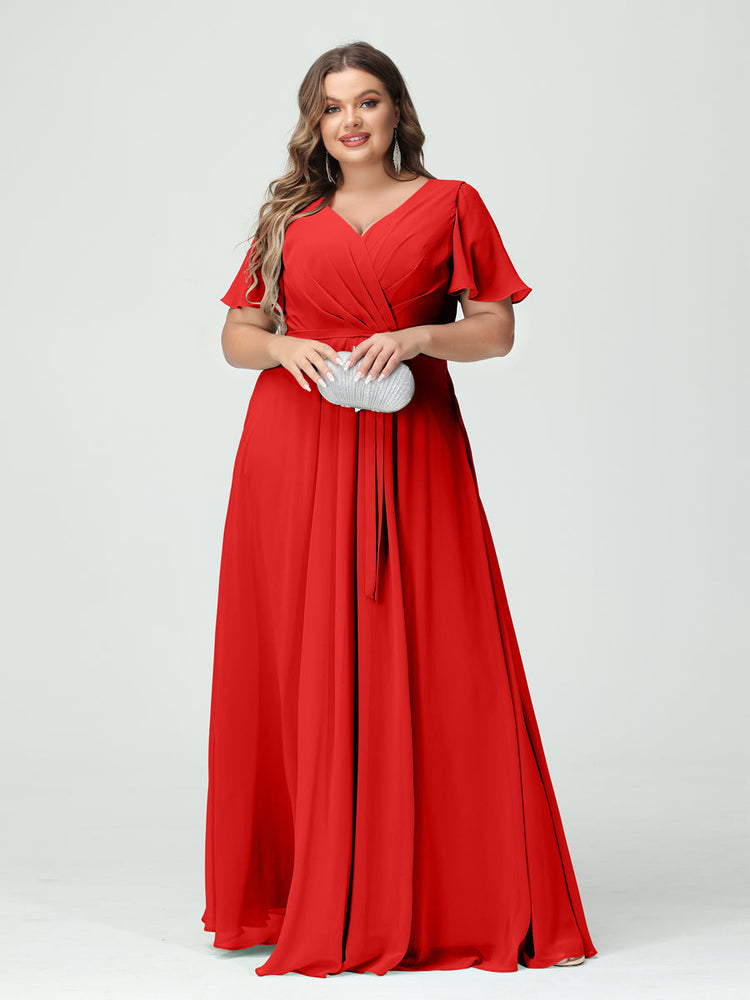 A-Line/Princess V-Neck Split Side Sleeveless Ruffles Formal Dresses