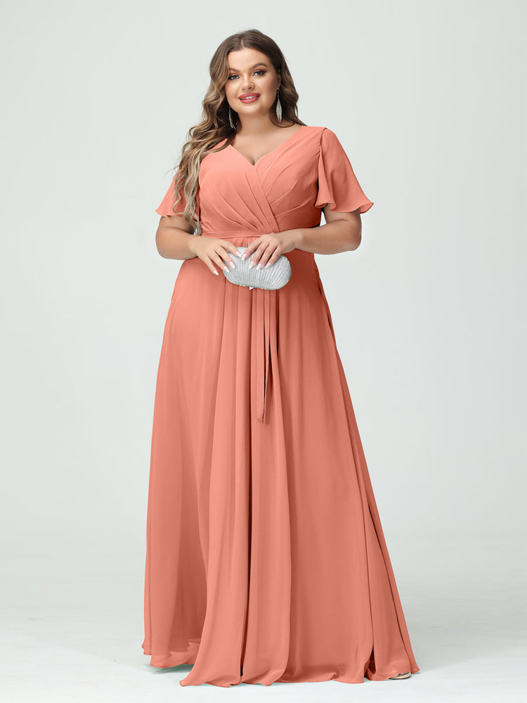 A-Line/Princess Off-the-Shoulder Short Sleeves Chiffon Split Side Plus Size Bridesmaid Dresses with Pockets