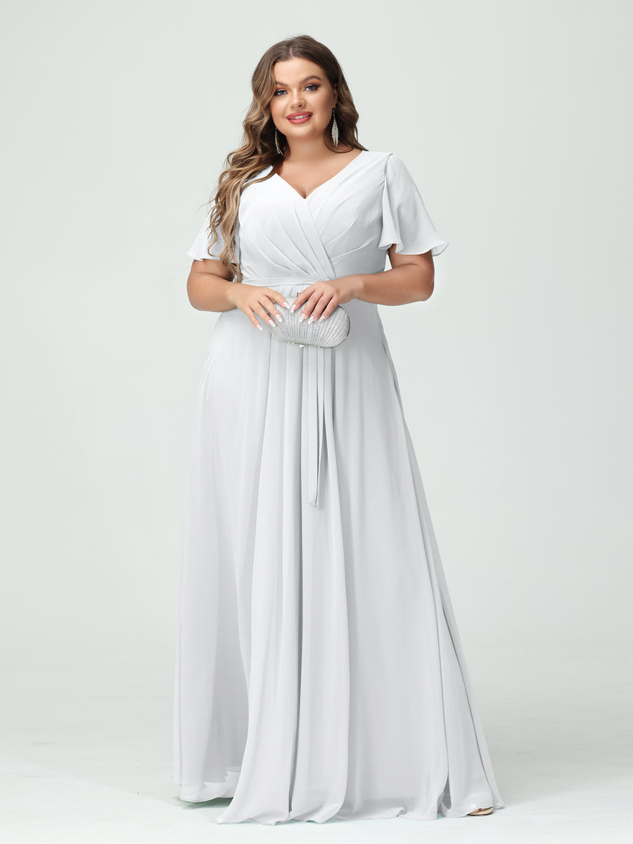 A-Line/Princess V-Neck Short Sleeves Tea-Length Plus Size Bridesmaid Dresses with Ruffles main image 1
