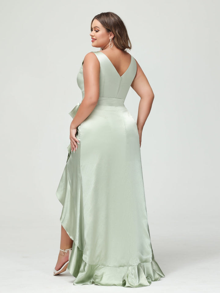 Sheath/Column V-Neck Sleeveless Ruffles High Low Plus Size Dresses with Pockets &amp; Sash