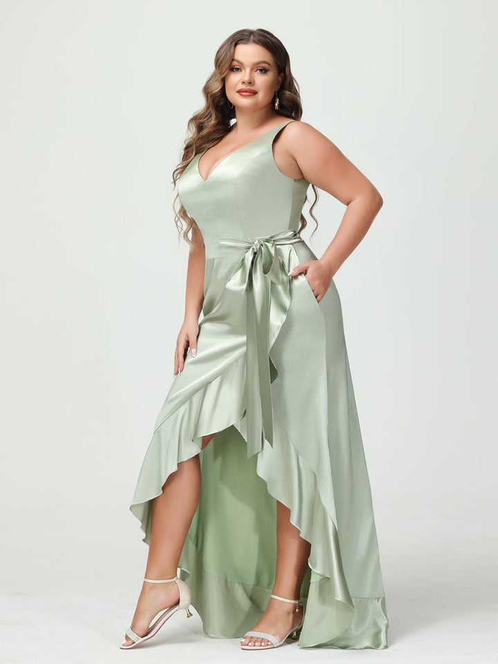 Sheath/Column V-Neck Sleeveless Ruffles High Low Plus Size Dresses with Pockets &amp; Sash