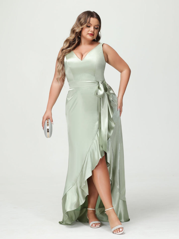 Sheath/Column V-Neck Sleeveless Ruffles High Low Plus Size Dresses with Pockets &amp; Sash