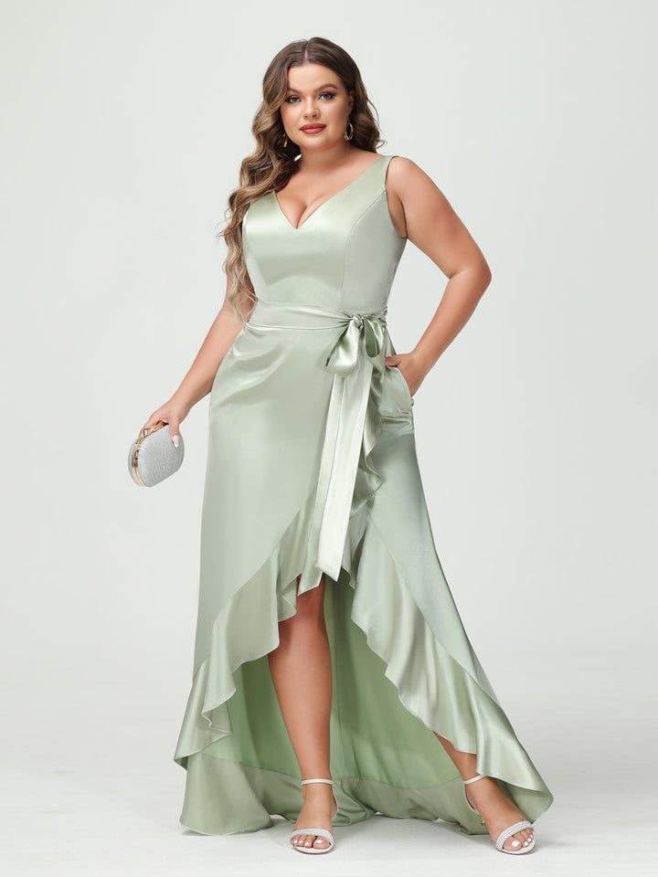 Sheath/Column V-Neck Sleeveless Ruffles High Low Plus Size Dresses with Pockets &amp; Sash