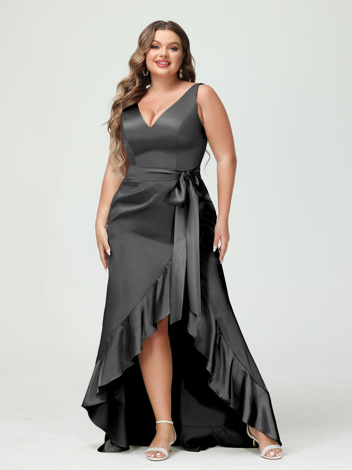 Sheath/Column V-Neck Sleeveless Ruffles High Low Plus Size Dresses with Pockets &amp; Sash