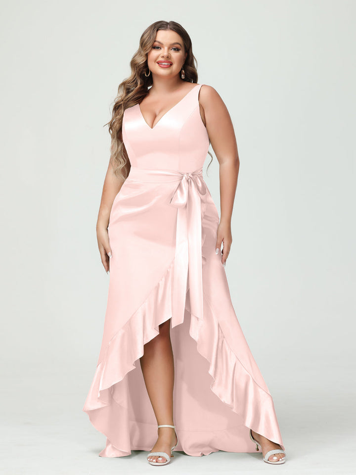 Sheath/Column V-Neck Sleeveless Ruffles High Low Plus Size Dresses with Pockets &amp; Sash