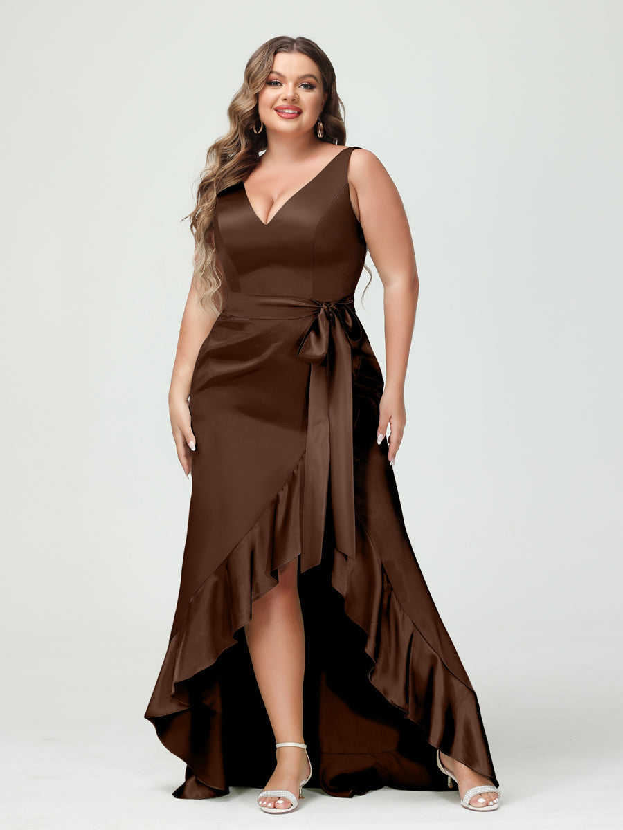 Sheath/Column V-Neck Sleeveless Ruffles High Low Plus Size Dresses with Pockets &amp; Sash