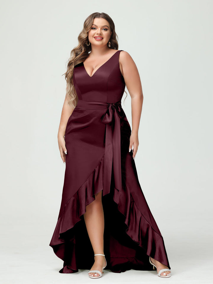 Sheath/Column V-Neck Sleeveless Ruffles High Low Plus Size Dresses with Pockets &amp; Sash