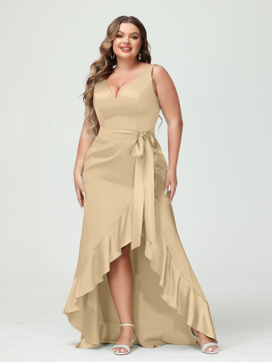 Sheath/Column V-Neck Sleeveless Ruffles High Low Plus Size Dresses with Pockets &amp; Sash