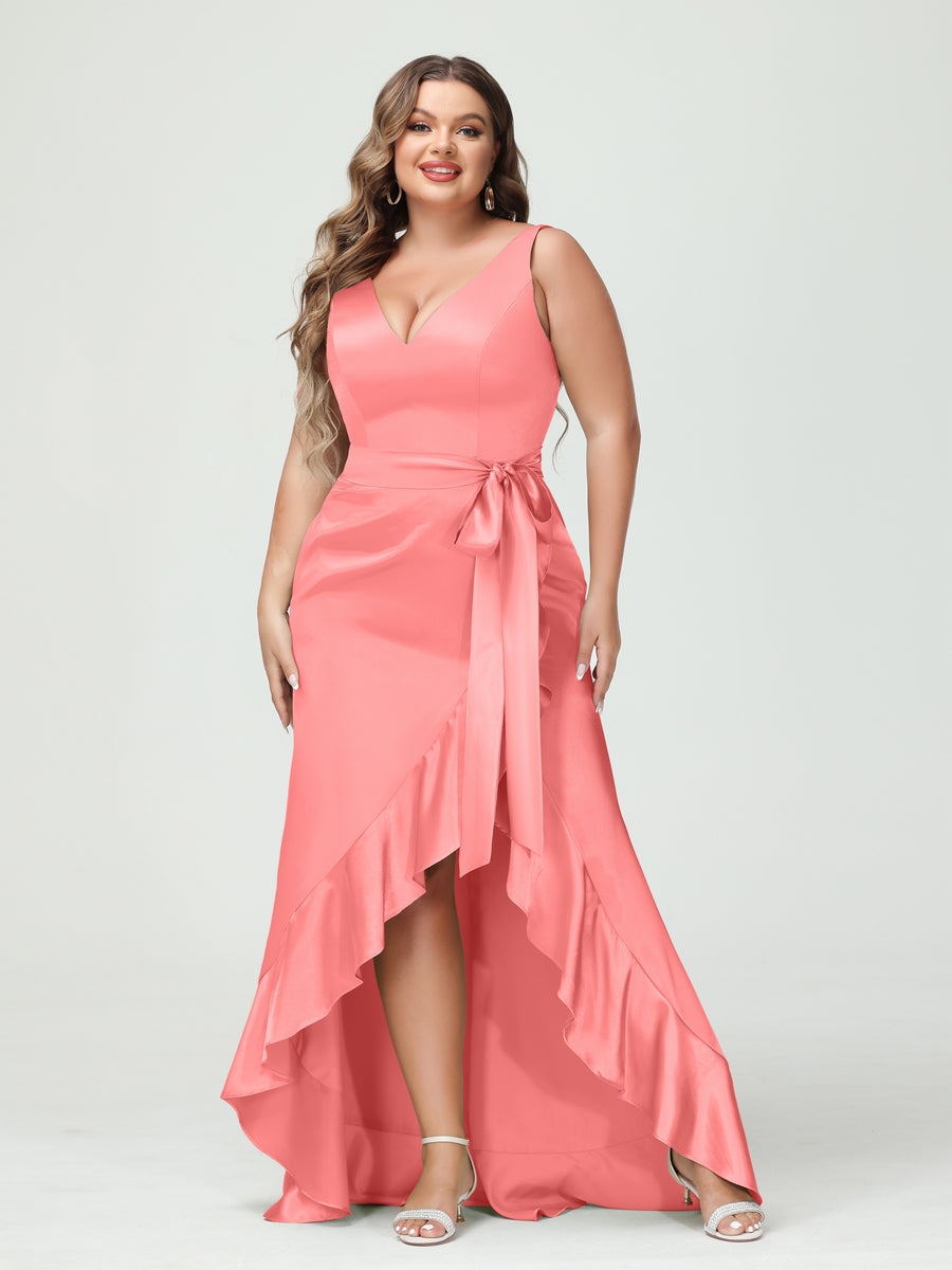 Sheath/Column V-Neck Sleeveless Ruffles High Low Plus Size Dresses with Pockets &amp; Sash