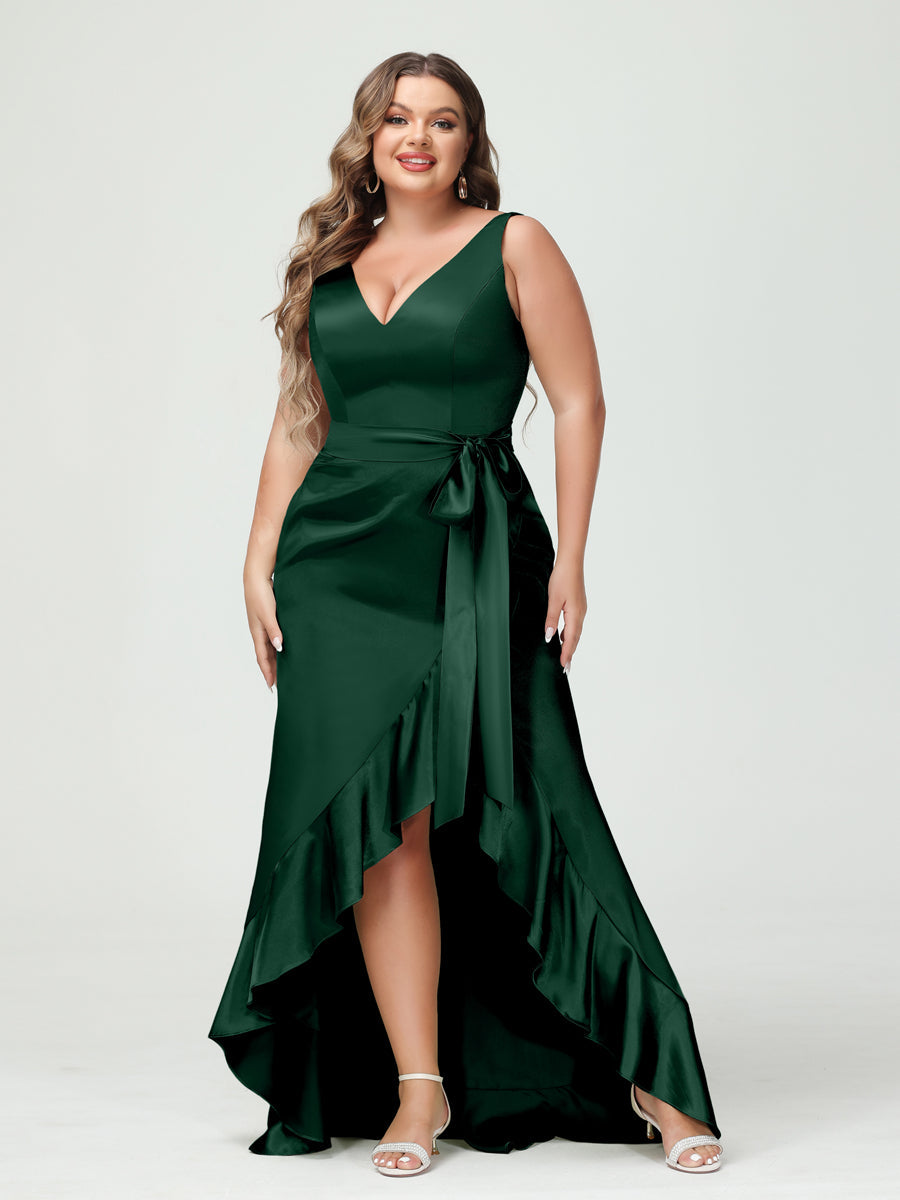 Sheath/Column V-Neck Sleeveless Ruffles High Low Plus Size Dresses with Pockets &amp; Sash