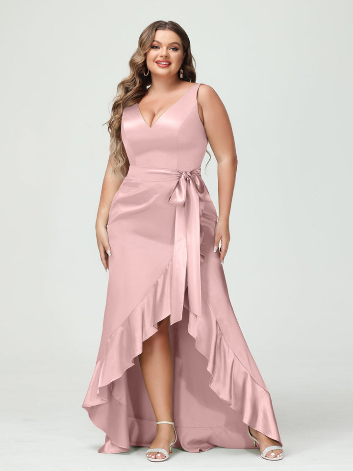 Sheath/Column V-Neck Sleeveless Ruffles High Low Plus Size Dresses with Pockets &amp; Sash