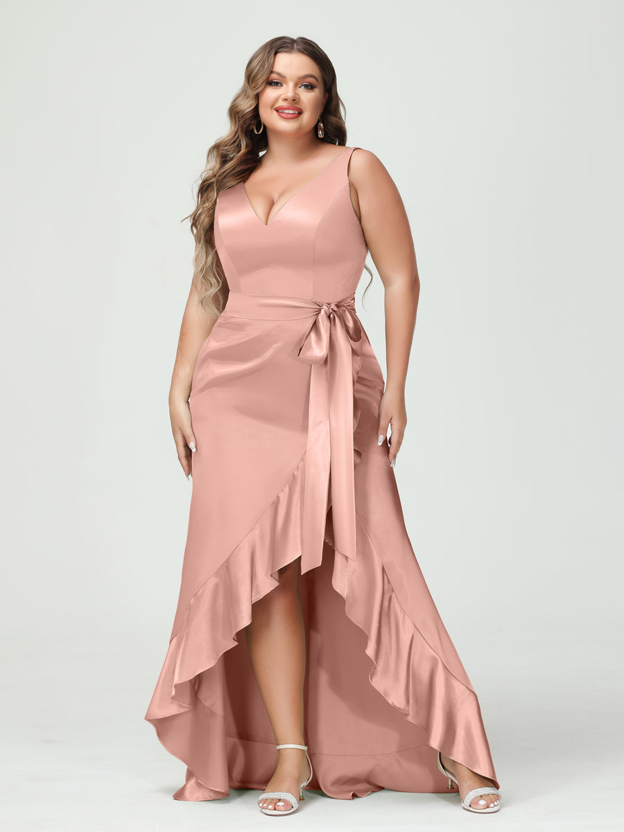 Sheath/Column V-Neck Sleeveless Ruffles High Low Plus Size Dresses with Pockets &amp; Sash