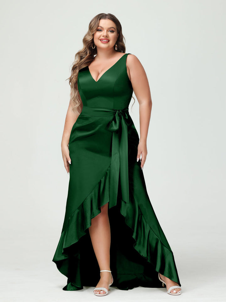 Sheath/Column V-Neck Sleeveless Ruffles High Low Plus Size Dresses with Pockets &amp; Sash